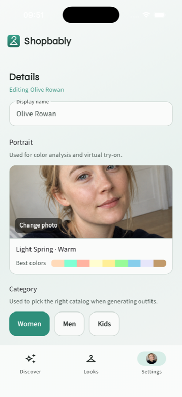 Shopbably Profil mit Farbanalyse und Farbpalette